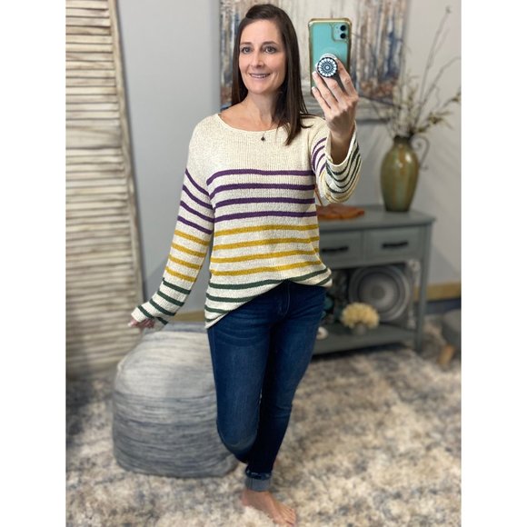 Sweaters - 🎭Mardi Gras Wide Neck Loose Striped Sweater Shirt Purple Green & Gold 0123